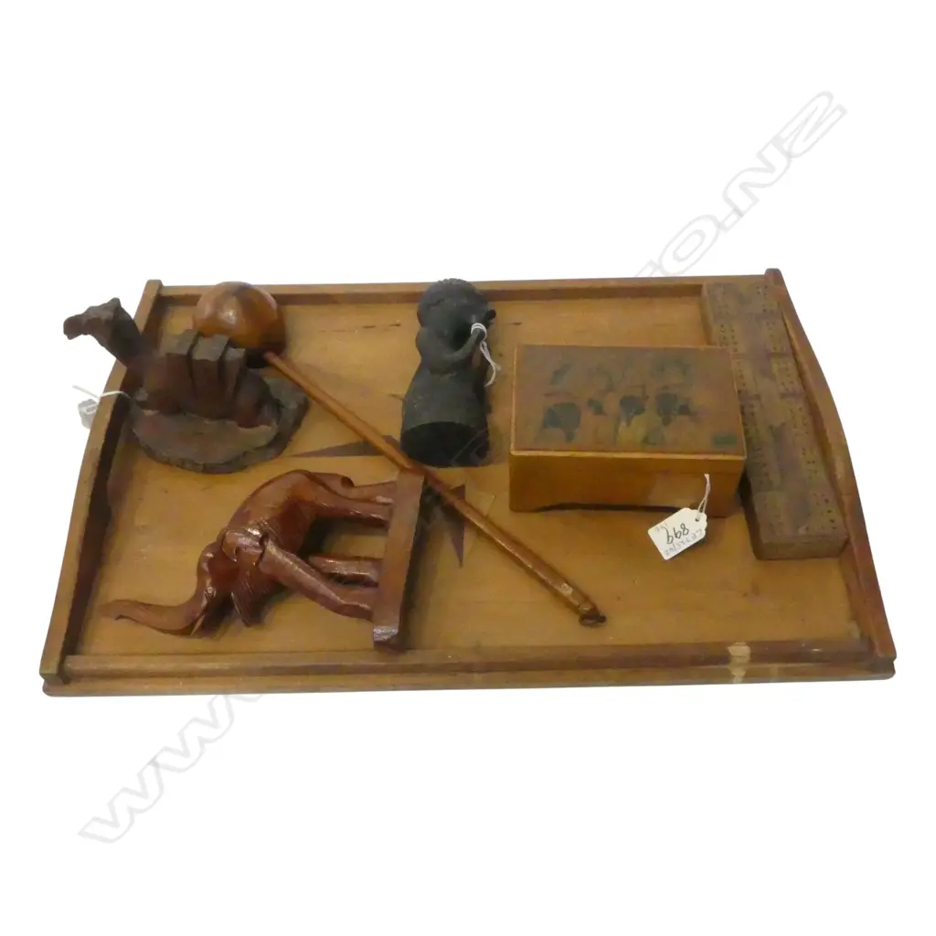 NZ NATIVEWOODS GALLERY TRAY L500MMW330MM & 6 CARVED WOOD COLLECTABLES Image 1++