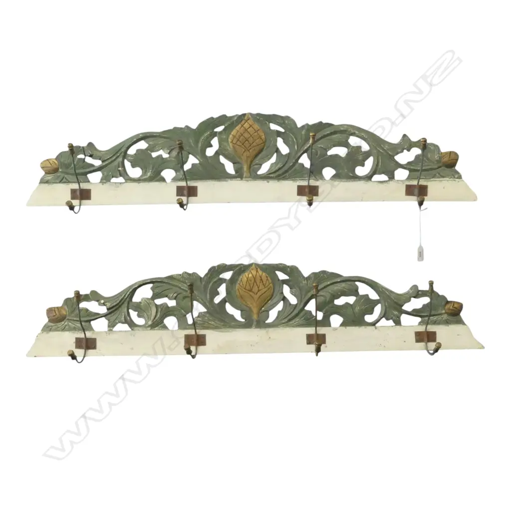 PAIR INDONESIAN CARVED WOOD & METAL COAT RACKS, L1040mm Image 1++
