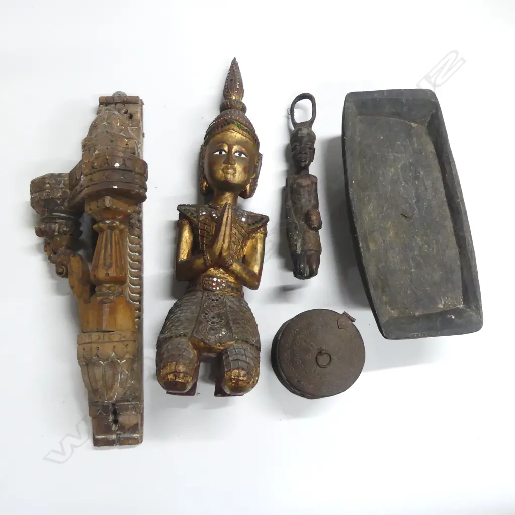 5 ETHNIC WOOD CARVED PCS 2 FIGURES CANDLE HOLDER DISH & LIDDED JAR Image 1++