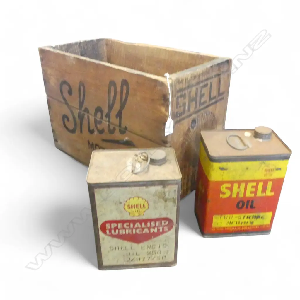 VINTAGE SHELL OIL CRATE W.535mm + 2 SHELL TINS Image 1++