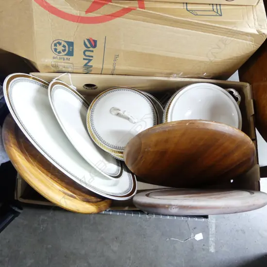 PART WEDGWOOD DINNER SERVICE & 3 WOOD CUTTING BOARDS