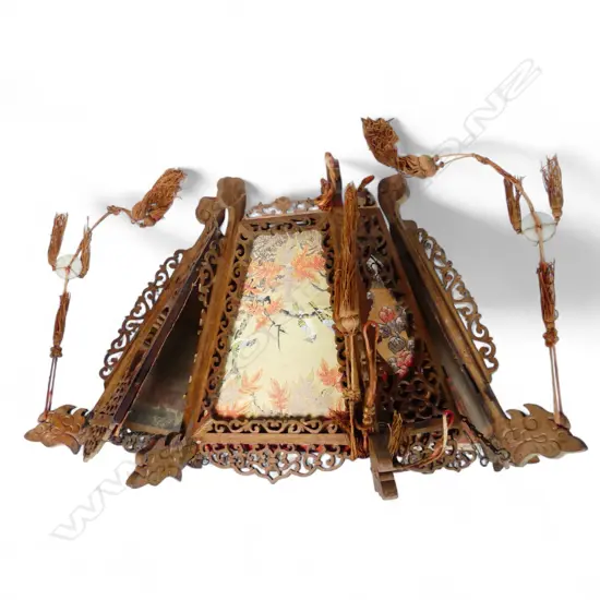 CHINESE CARVED WOOD & PAINTED PANEL HANGING LIGHT  W650 SOME DISTRESS (From the Estate of Tommy Doyle)