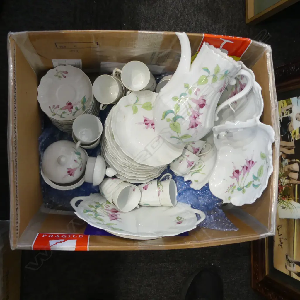 LIMOGES PORCELAIN COFFEE SET 'FUCHSIA' - coffee pot cream and sugar/13 cups & saucers/12 cake plates/2 large cake plates Image 1++