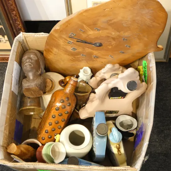 BOX OF ASST. COLLECTABLES;CHINA CLOCKS, BOTTLES, etc