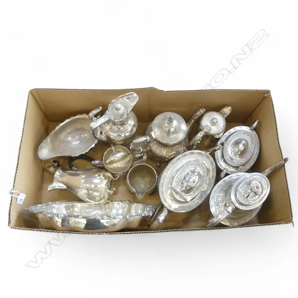 BOX of SILVER PLATE: TEA & COFFEE SERVICE + EWER + TEA SET + JUGS ETC Image 1++