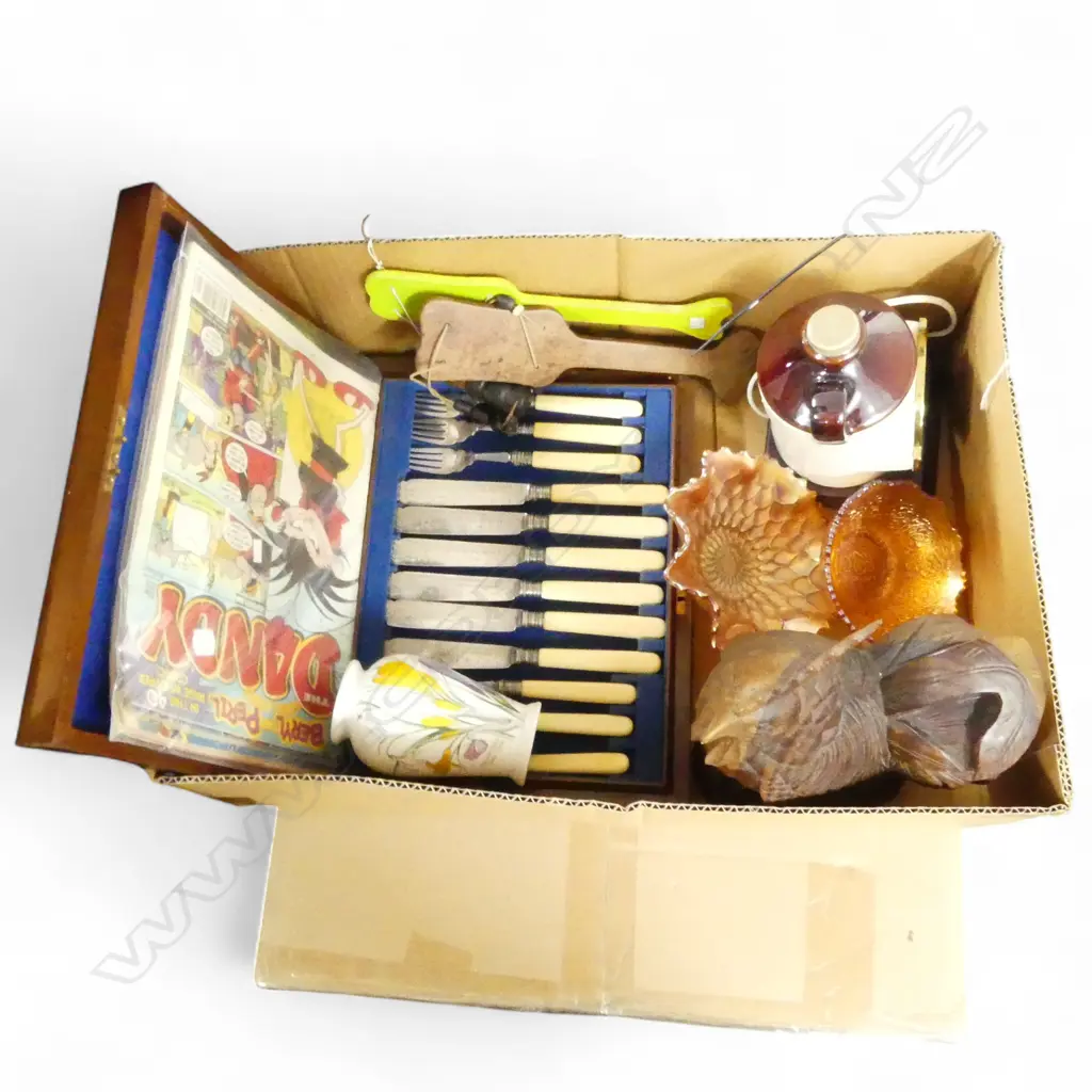 ASST. VINTAGE; FISH CUTLERY SET w  IVORINE HANDLES, CARNIVAL GLASS, CARVED ROOSTER ETC Image 1++