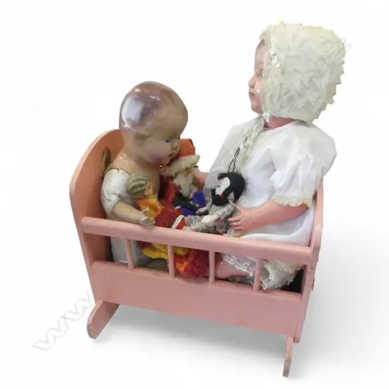 FOLK ART DOLLS CRADLE L390MM & 5 VINTAGE SCARY DOLLS