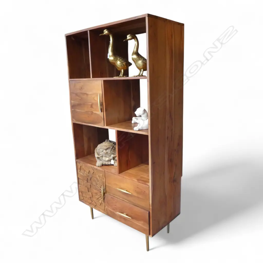 RETRO TEAK DISPLAY UNIT WITH GOLD METAL FEET & HANDLES H1770 W900MM Image 1++