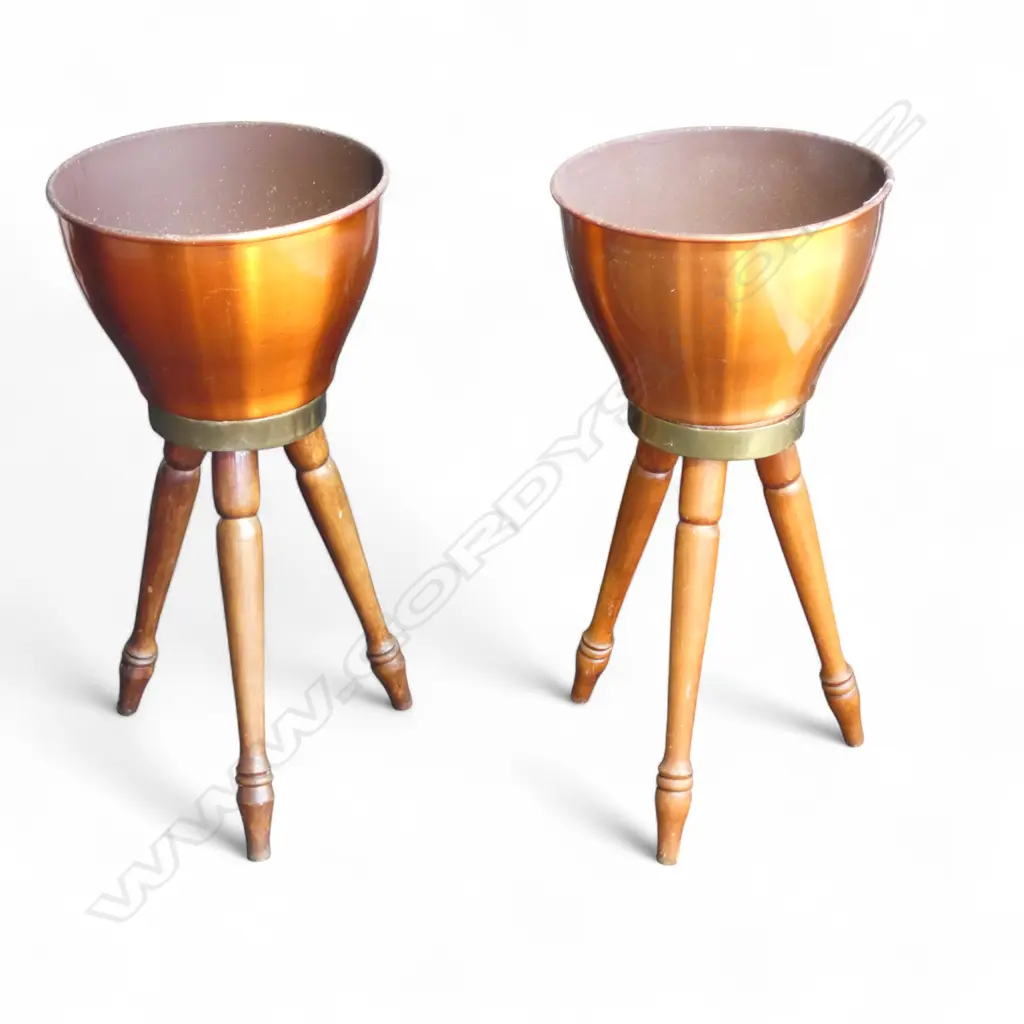 PR RETRO ALUMINIUM BRASS & WOOD  PLANTER STANDS H630MM Image 1++