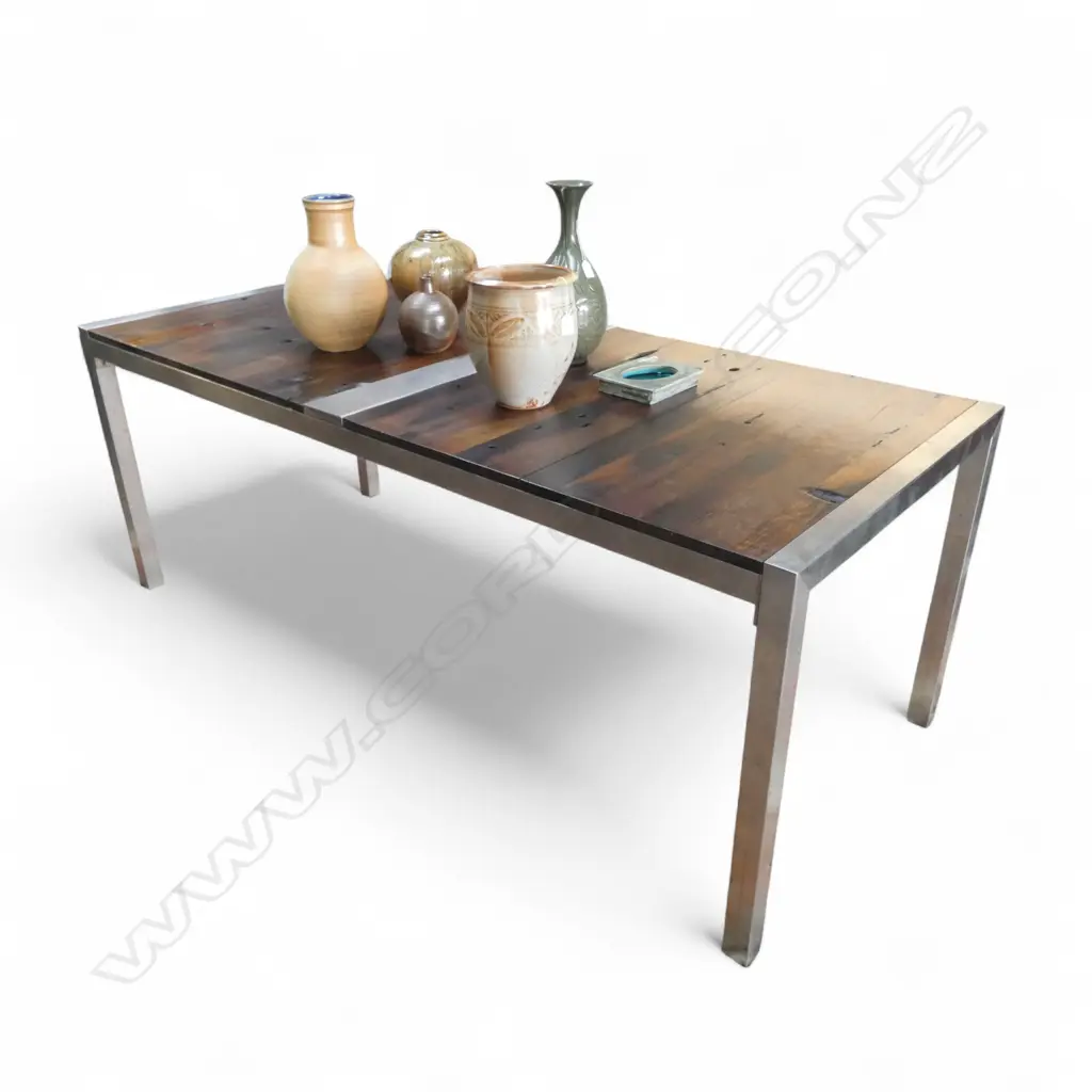 MODERN HARDWOOD & STAINLESS STEEL DINING TABLE 1980x870x755mm Image 1++