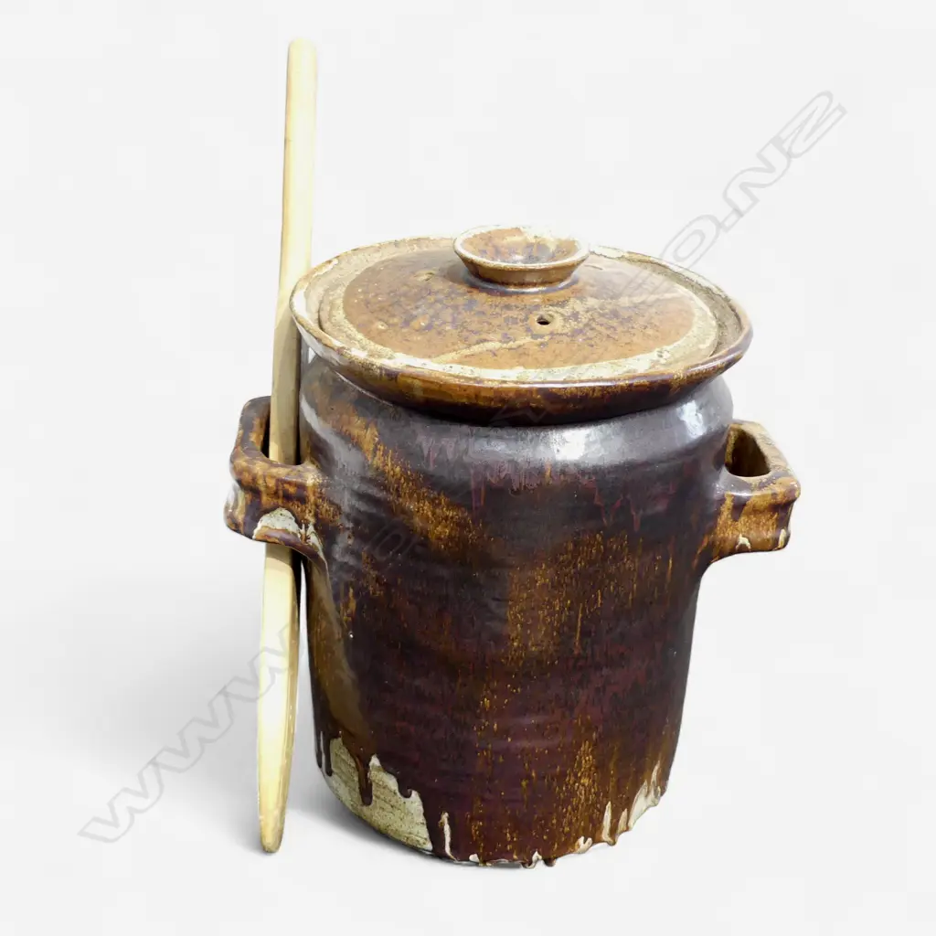 LARGE STUDIO POTTERY SOUR KRUAT MAKERS LIDDED JAR H460MM WITH WOOD STIRRER Image 1++