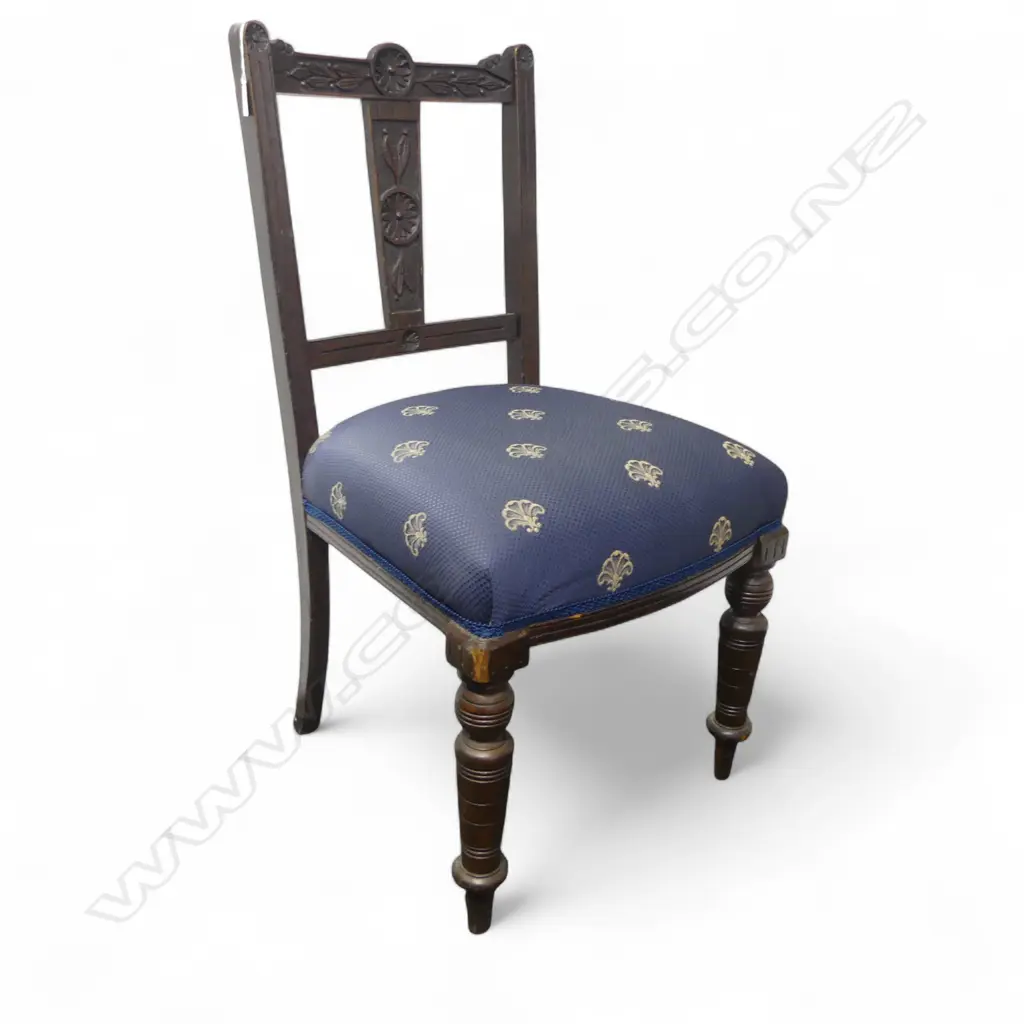 EDWARDIAN OAK CARVED BACKED HALL CHAIR DARK BLUE FABRIC SEAT H900 W460MM Image 1++