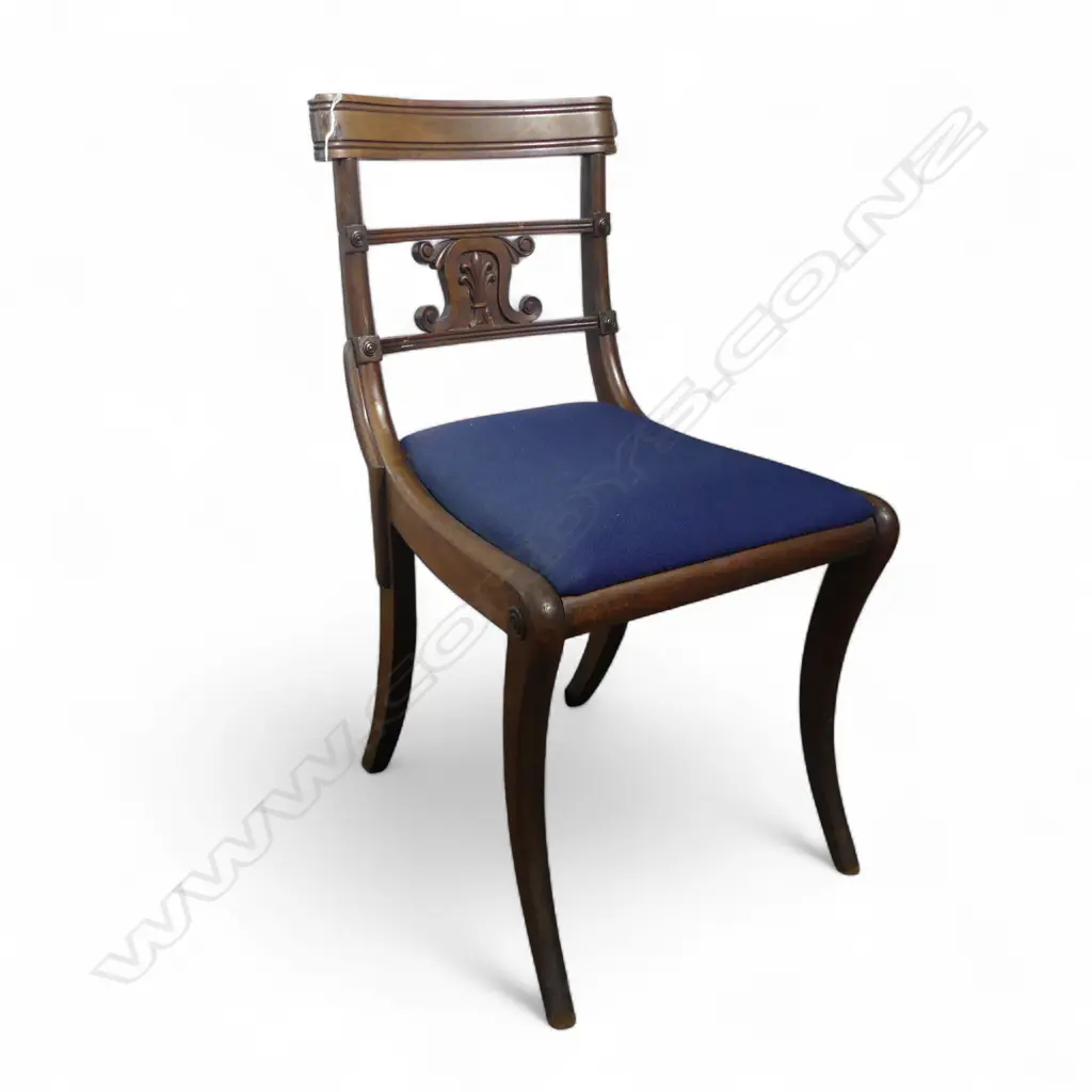 VICT CARVED BACKED ROSEWOOD HALL CHAIR DARK BLUE FABRIC SEAT H830 W440MM Image 1++