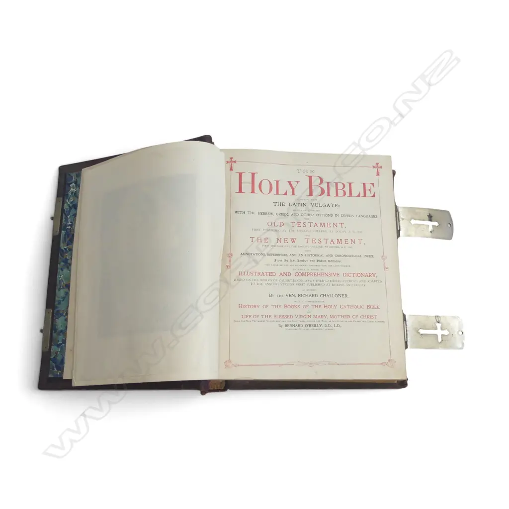 VICTORIAN CATHOLIC BIBLE with decorative & gilt cover white metal fittings Image 1++