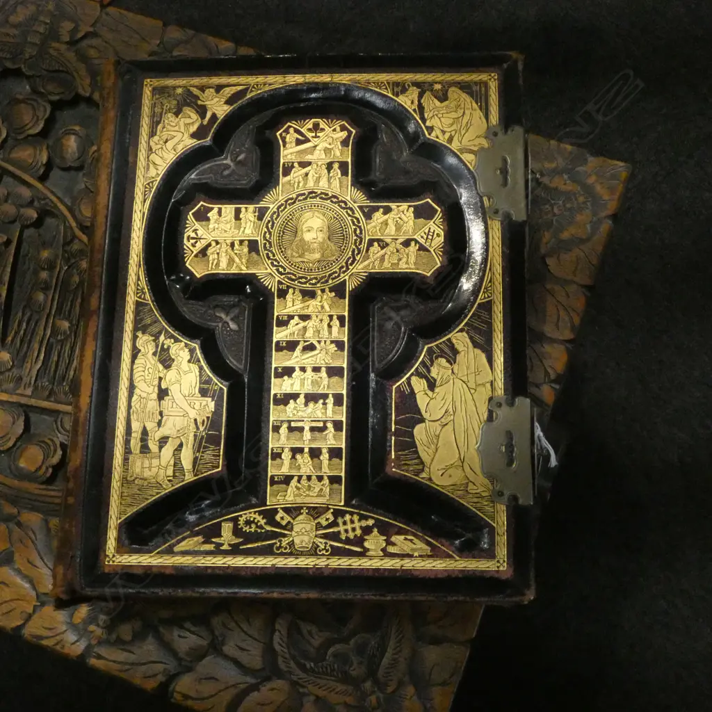 VICTORIAN CATHOLIC BIBLE with decorative & gilt cover white metal fittings Image 1++