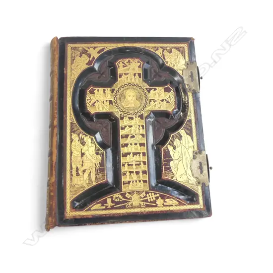 VICTORIAN CATHOLIC BIBLE with decorative & gilt cover white metal fittings