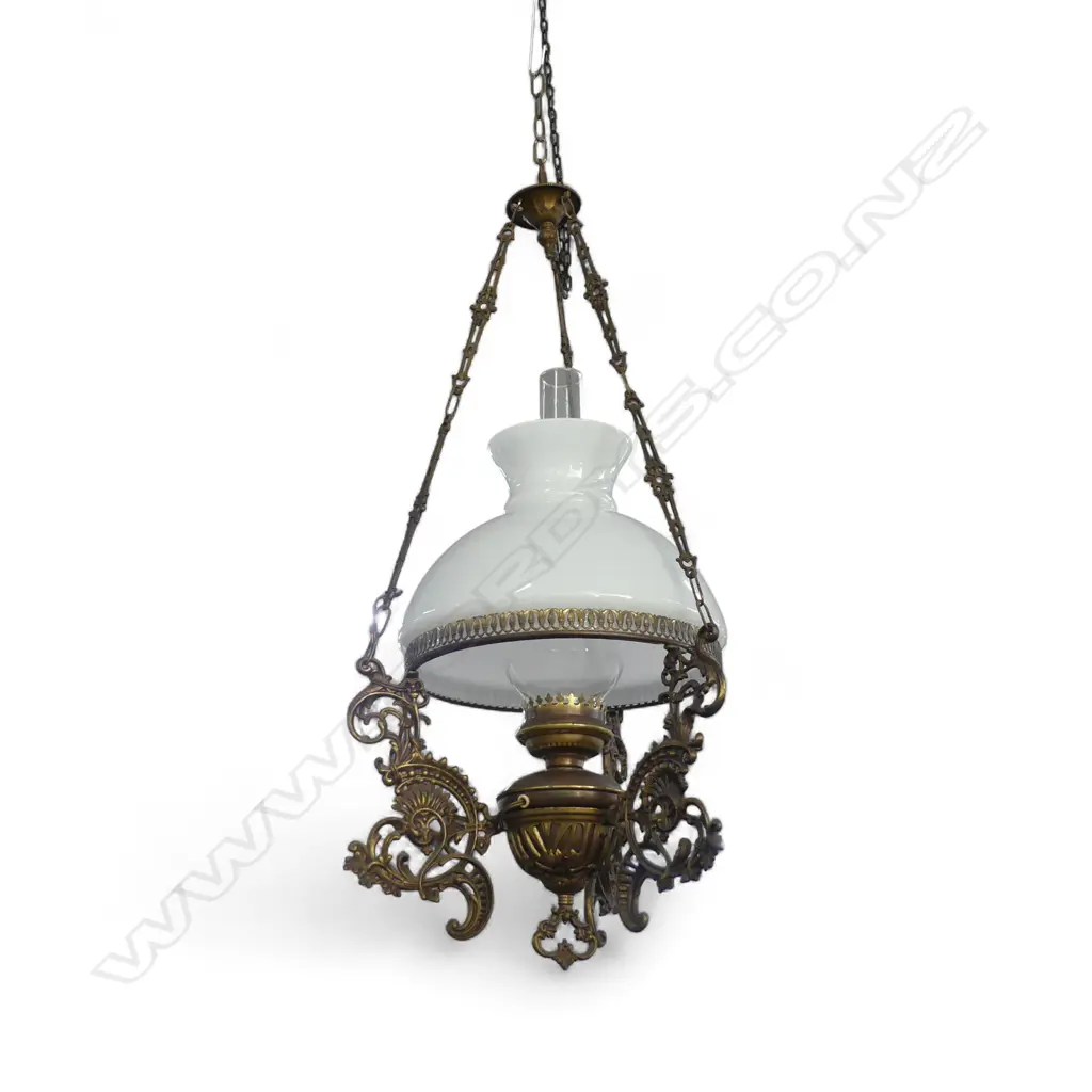 ANTIQUE BRONZE HANGING KERO LAMP WHITE GLASS SHADE H880MM Image 1++