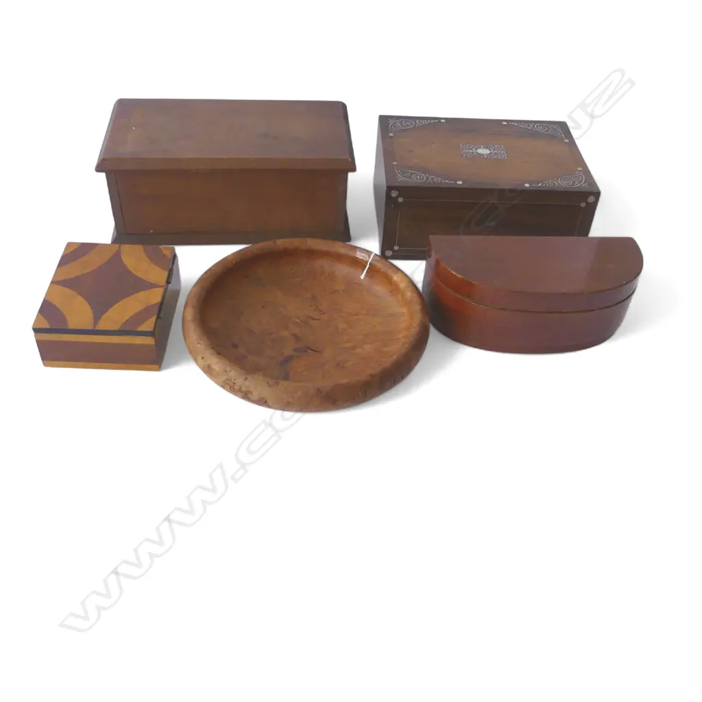 4 WOODEN BOXES W.335mm dia + OAK BURR BOWL 1995 290mm  Image 1++
