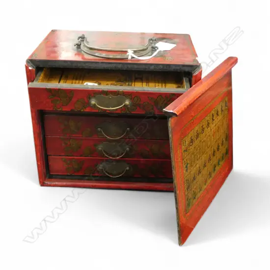 CHINESE BOXED RED LAQUERED MAH JONG SET BONE & BAMBOO PCS H180 L210MM