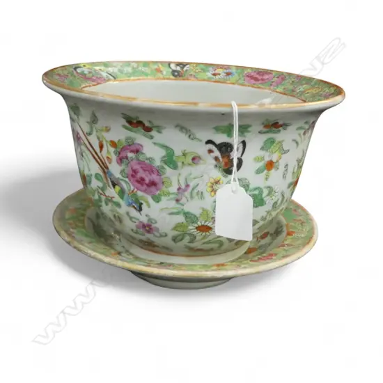 ANTIQUE CHINESE FAMILLE ROSE PLANTER ON CARVED WOOD STAND H220 DIA 220MM