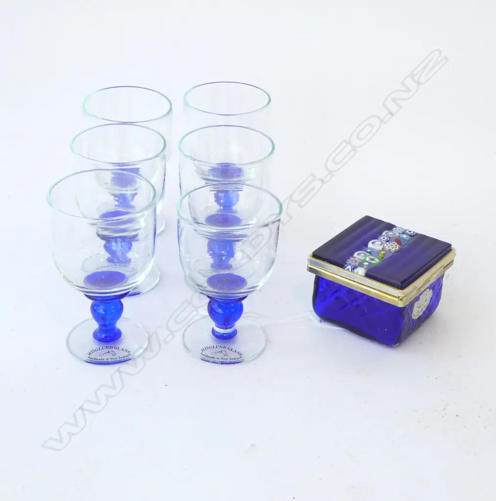 6 HOGLUND GLASS PORT GLASSES H.85mm + MURANO BLUE GLASS BOX 60x60x40mm Image 1++