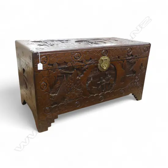 VINTAGE CARVED CHINESE CAMPHORWOOD CHEST H480 L920MM