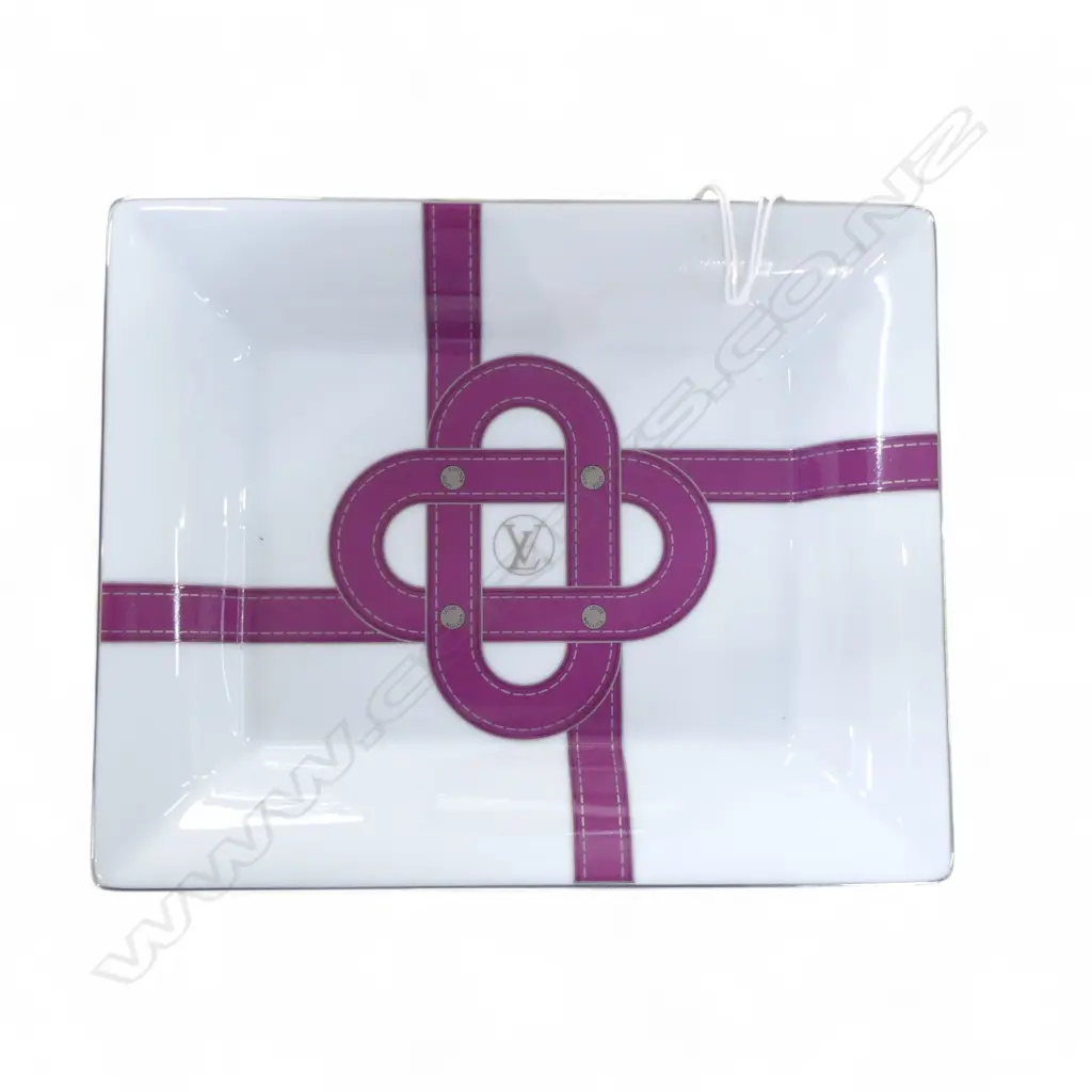 LOUIS VUITTON RECTANGULAR PORCELAIN DISH. with printed coloured decorative strapping. LV monogram & name. 190 x 155mm Image 1++