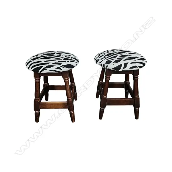 HEAVY PAIR OF VINTAGE WOODEN STOOLS – DARK WOOD WITH MODERN UPHOLSTERED SEATS 500 x 400 mm