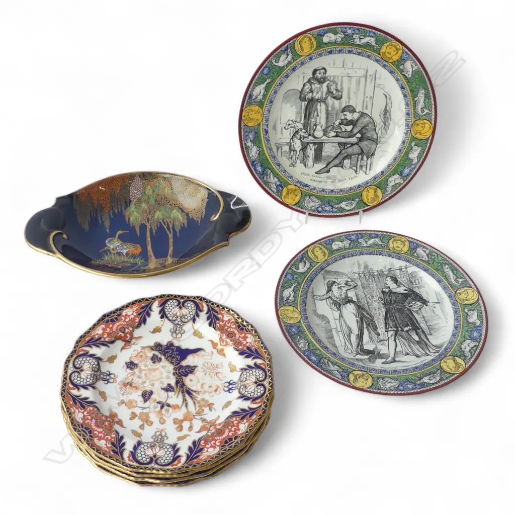 7 PLATES; 4 ROYAL CROWN DERBY IMARI 225mm dia, 2 WEDGWOOD IVANHOE, CARLTONWARE (repaired) Image 1++