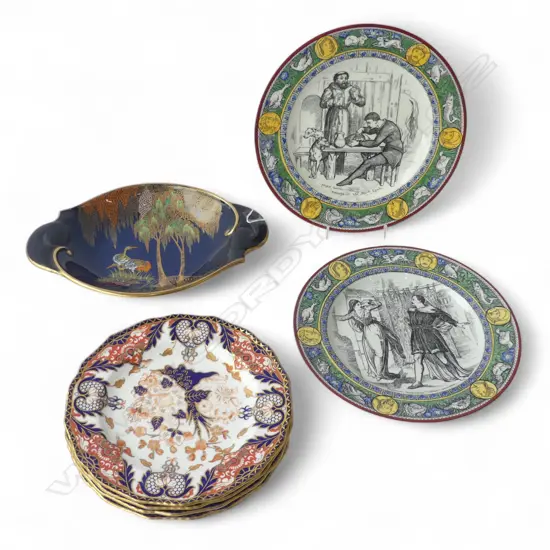 7 PLATES; 4 ROYAL CROWN DERBY IMARI 225mm dia, 2 WEDGWOOD IVANHOE, CARLTONWARE (repaired)