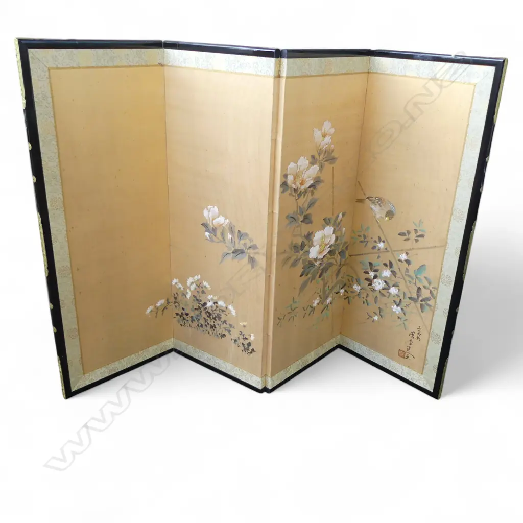 ORIENTAL HAND PAINTED SIGNED 4 FOLD SCREEN H600 L OPEN 880MM Image 1++