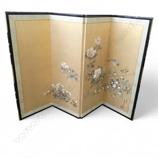 ORIENTAL HAND PAINTED SIGNED 4 FOLD SCREEN H600 L OPEN 880MM