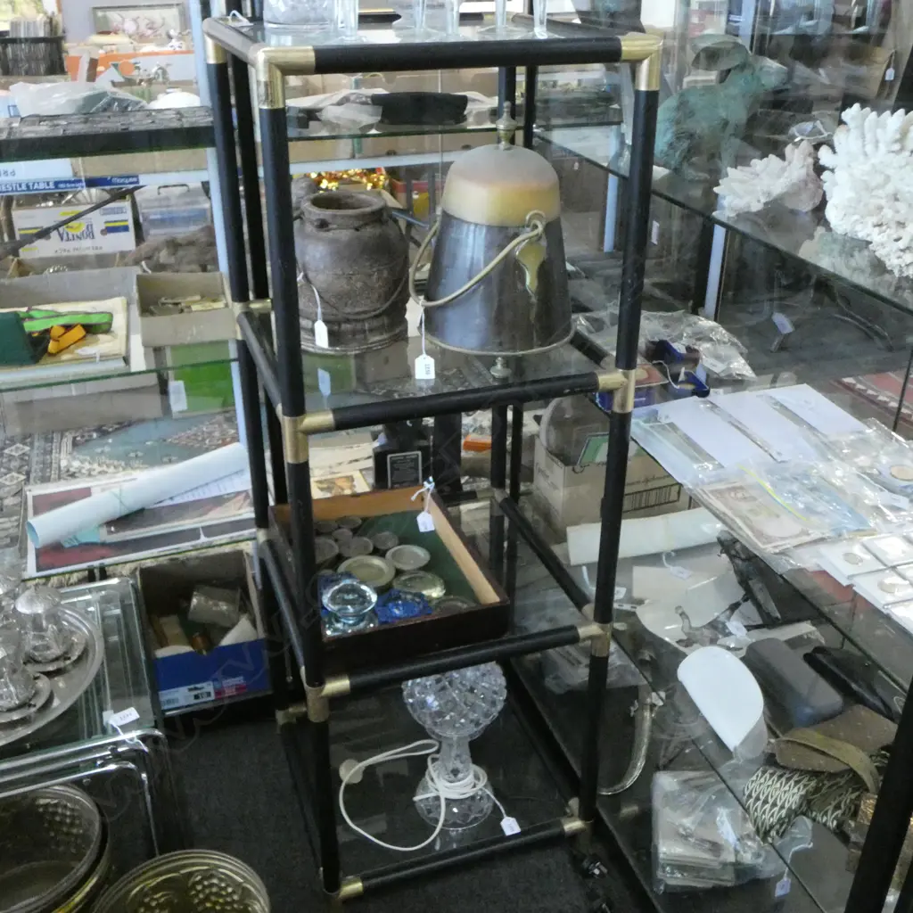 4 TEIR BRASS BOUND & GLASS DISPLAY STAND H1260 L450MM Image 1++