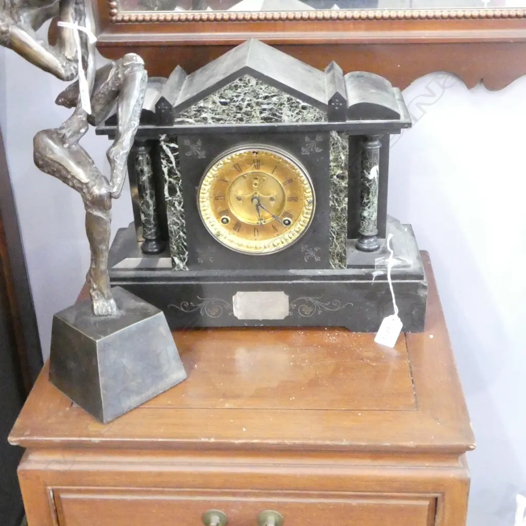 BLACK SLATE & MARBLE MANTEL CLOCK 380x140x315mm no back plate, no key, plaque reading 'presented to mr&mrs frank trigg.. Image 1++