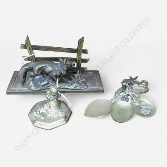 BRONZE DESK RACK L200  BRASS PAPER WIEGHT H60MM & 3 SOV SPOONS