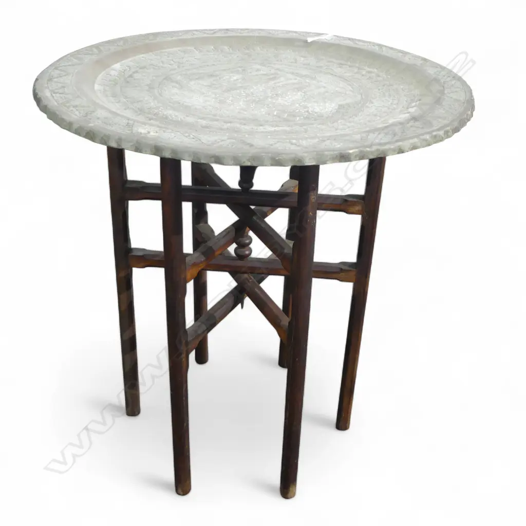 MIDDLE EASTERN COPPER TRAY TABLE ON FOLDING MAHOGANY BASE H600 W560MM Image 1++