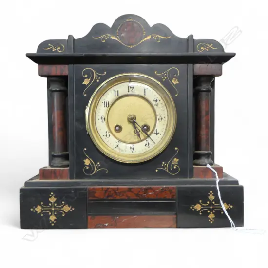 BLACK SLATE & MARBLE MANTEL CLOCK 190x135x260mm no key or pendulum