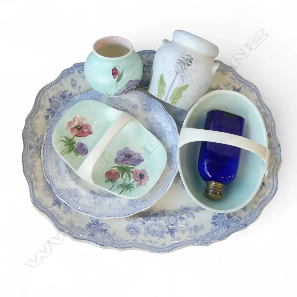 ASIATIC PHEASANT ASHET W.465mm & PLATE, 4 PCES RADFORD CHINA, BLUE GLASS BOTTLE H.155mm Image 1++