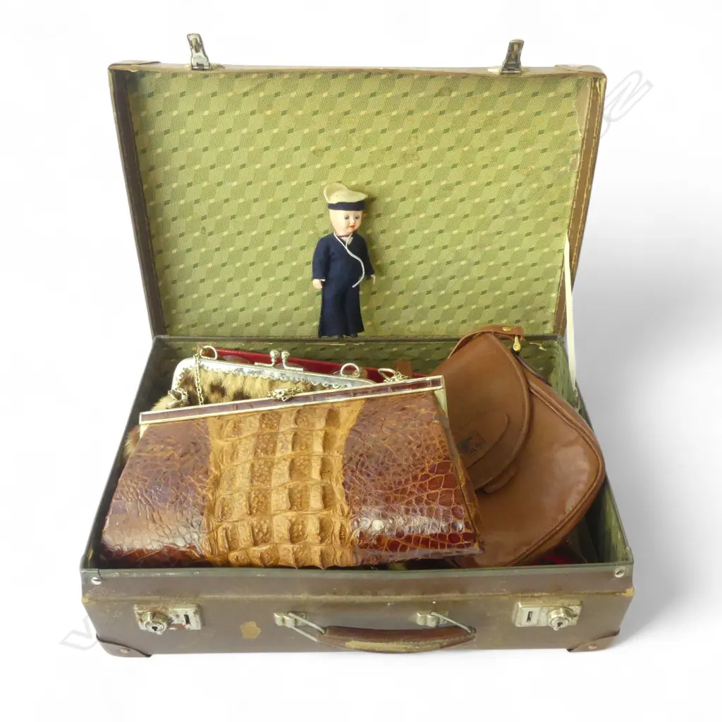 SUITCASE ASST. ITEMS; VINTAGE HANDBAGS INCL. COUGAR FUR, CRYSTAL ETC Image 1++