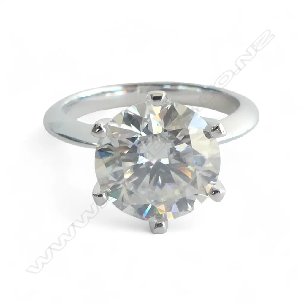 STG SILVER & 5ct MOISSANITE RING, excellent round brilliant cut, colour D w.11m, 4.46gms Image 1++