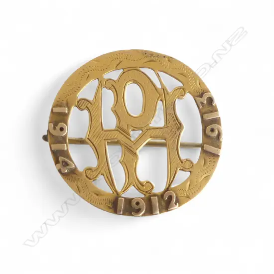 9ct GOLD '1913 1914 PH' BROOCH (Patea Hunt Club?) 2.67gms 