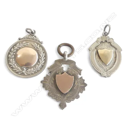 3 SILVER FOB MEDALLIONS W GOLD PANELS
