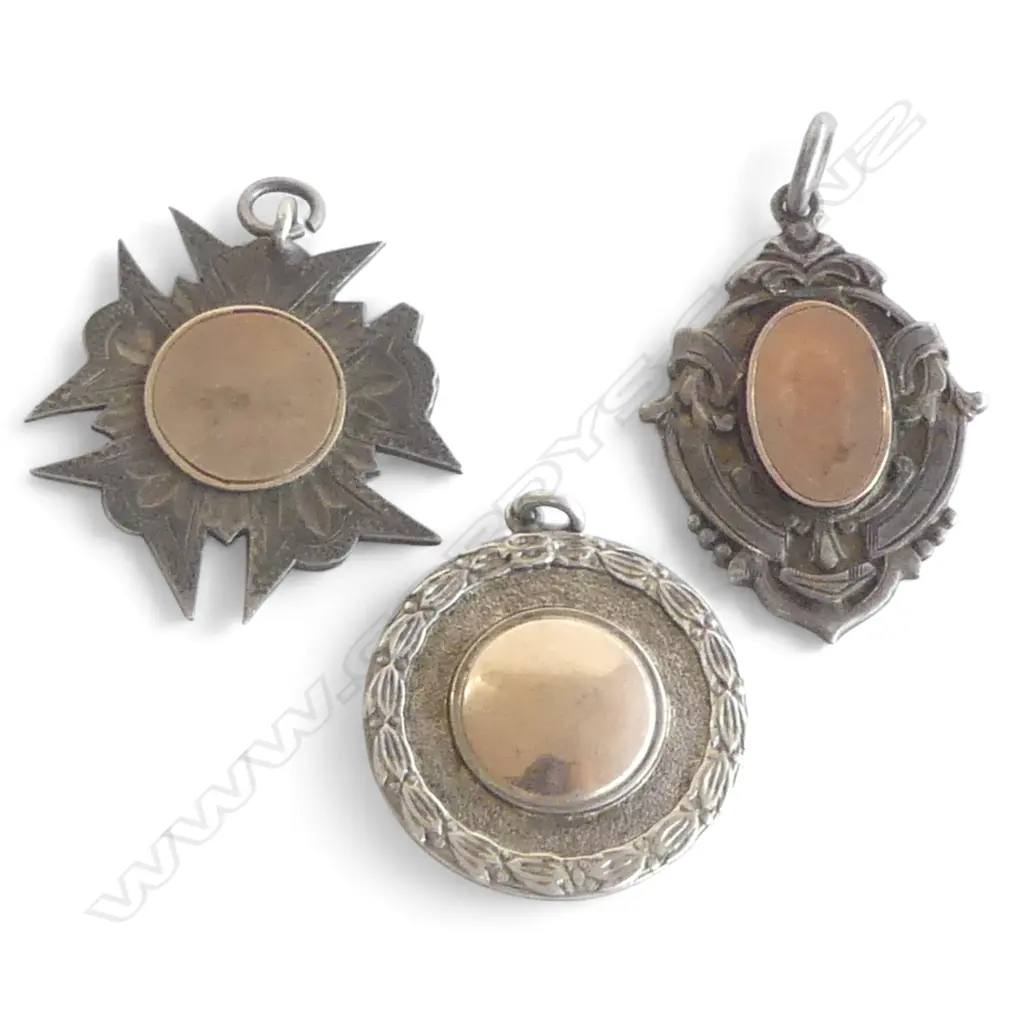 3 SILVER FOB MEDALLIONS W GOLD PANELS Image 1++