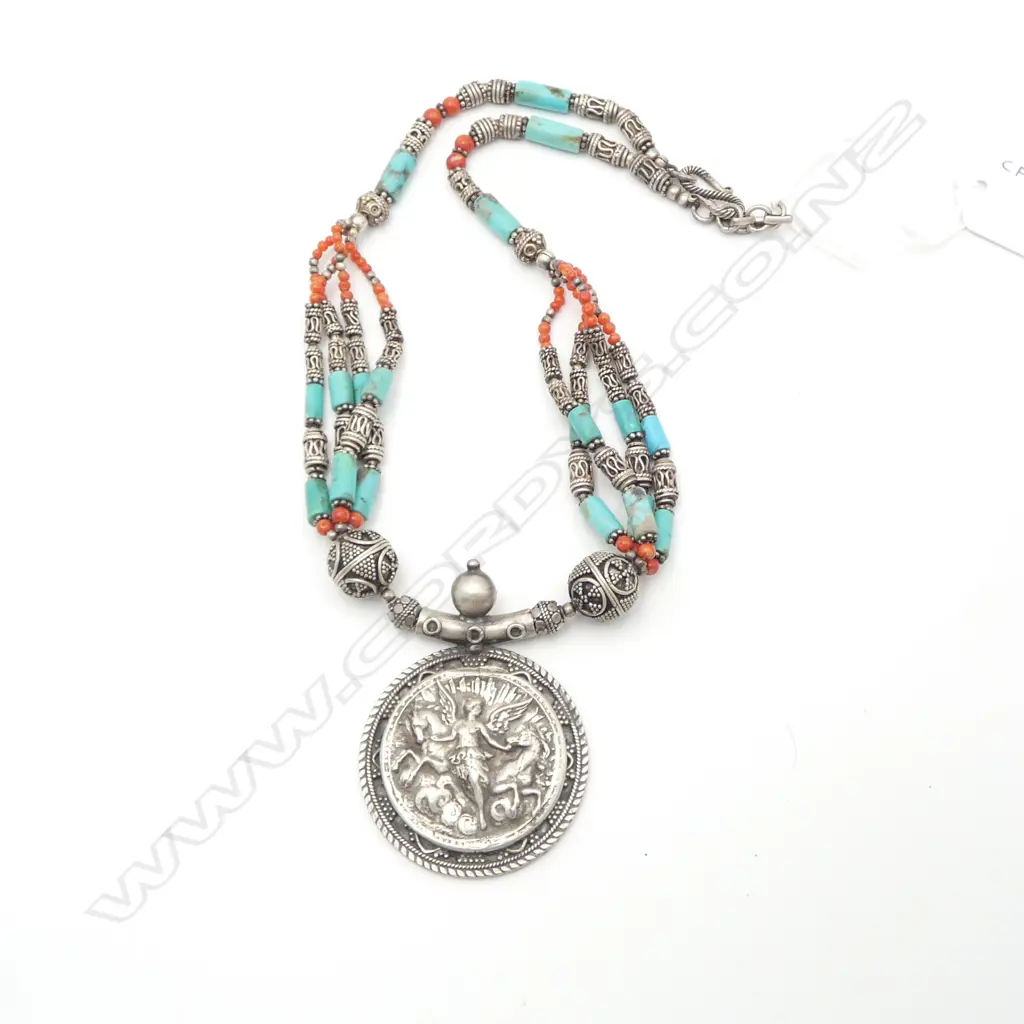 TRIBAL SILVER TURQUOISE AND CORAL NECKLACE Image 1++