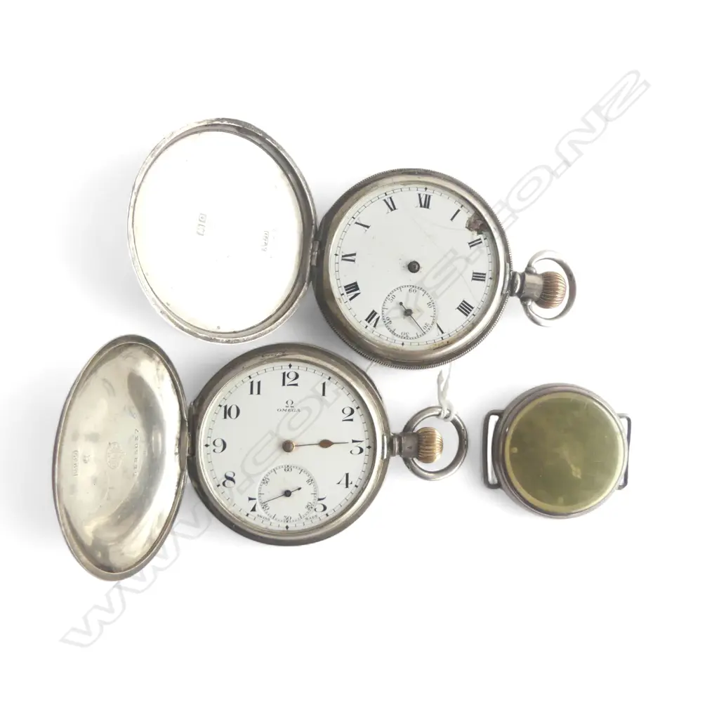 2 SILVER POCKET WATCHES (935 OMEGA, OTHER 925 FACE FAULTED) + OMEGA WRIST WATCH Image 1++