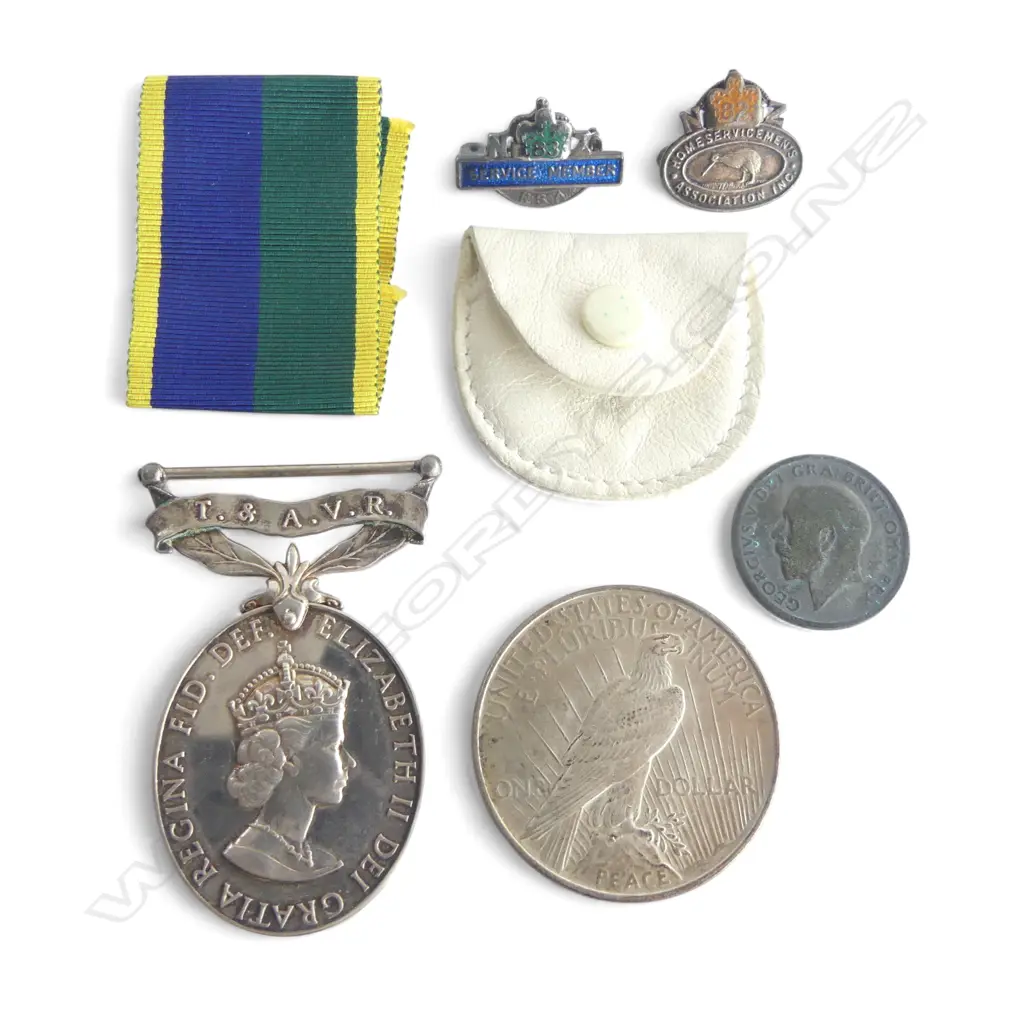 BRITISH EFFICIENCY MEDAL WITH LOOSE RIBBON (1969-2000), SILVER PEACE DOLLAR, 2 SERVICE PINS + GEORGE V COIN Image 1++