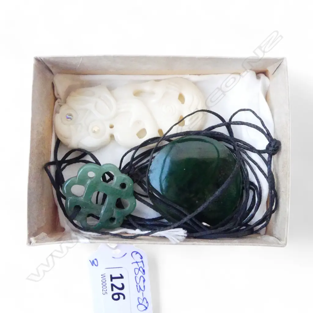 2 POUNAMU PENDANTS + BONE CARVED HEI TIKI  Image 1++