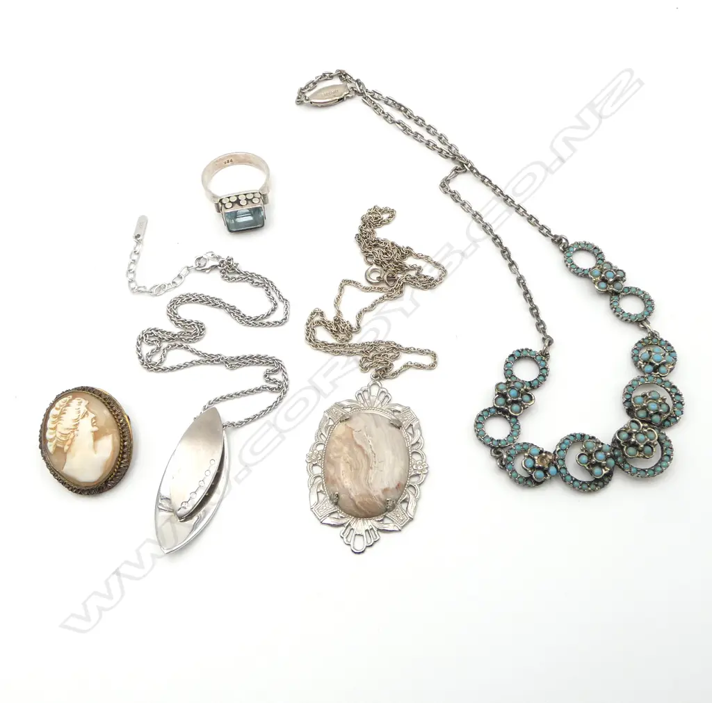 VIVENTY SILVER PENDANT (set with zircons) AND CHAIN/ SILVER AQUAMARINE? RING/2 COSTUME NECKLACES & CAMEO BROOCH Image 1++