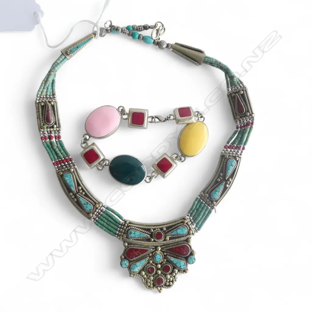 ETHNIC SILVER NECKLACE + SILVER BRACELET w. COLOURED STONES Image 1++