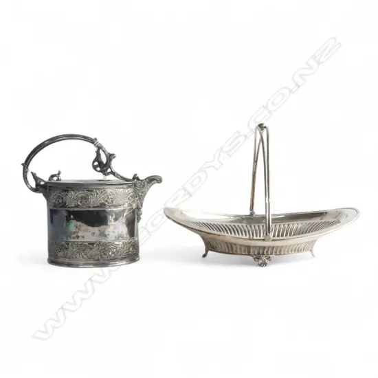 C.1900 SILVER PLATE SWING HANDLED DISH + CAN FORM HOT WATER POT